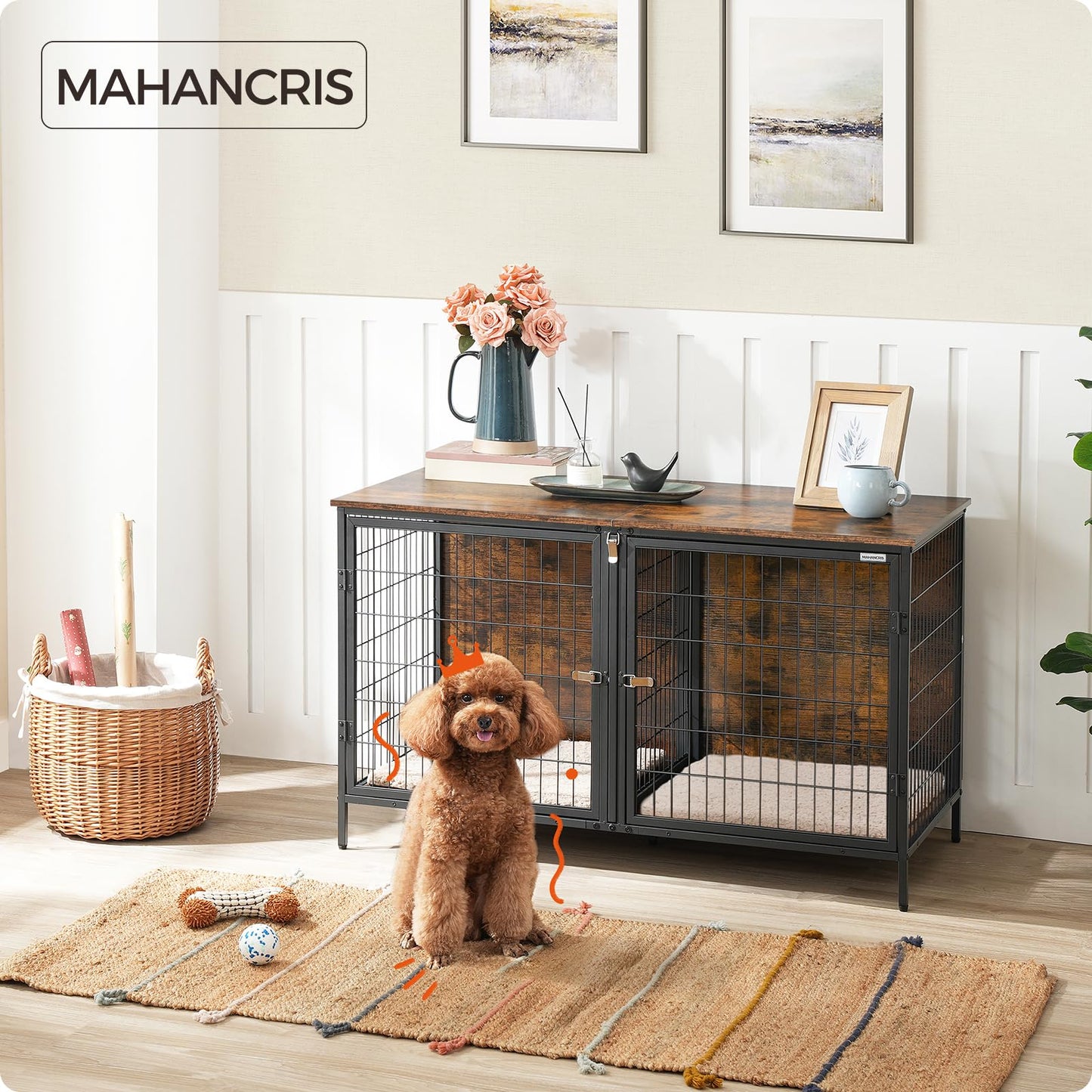 MAHANCRIS Dog Crate Furniture for 2 Dogs, 43.3" Dog Kennel with Removable Divider, Heavy Sturdy Dog Furniture Style Double Cage for Small Medium Dog, Indoor Dog House End Table, Rustic Brown DCHR1201