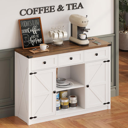 TAGELIER White Farmhouse Buffet Cabinet with Storage, 3 Drawers, 2 Doors, LED Light and Charging Station