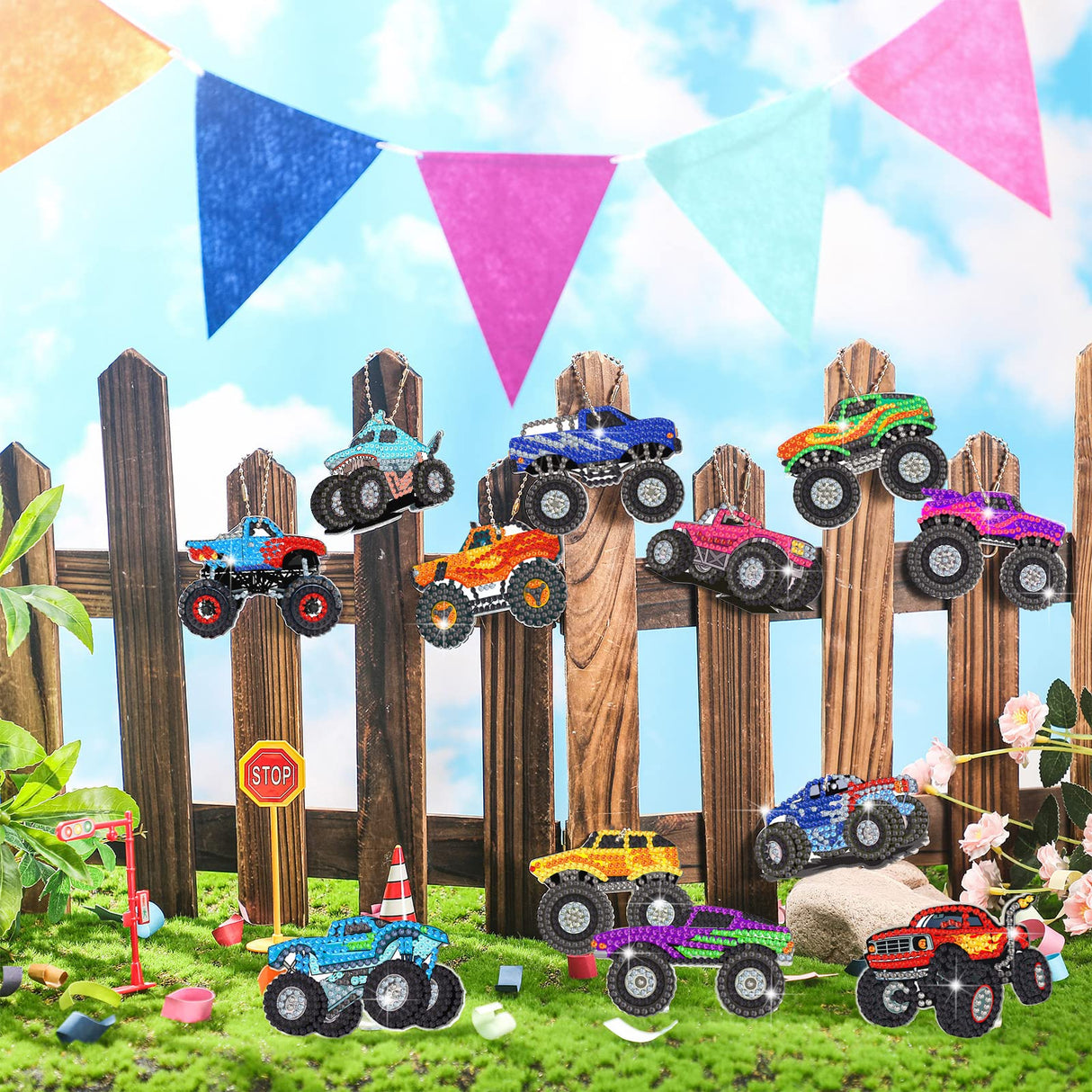 Thinkday 12 Pcs Trucks Diamond Painting Keychains DIY 5d Acrylic Truck Diamond Art Key Chains Vehicle Rhinestone Art Hanging Pendants for Adult Beginners Bags Thinkday