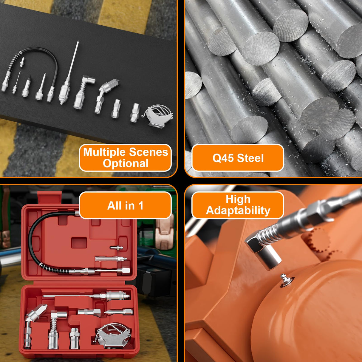 HTOMT 11pcs Grease Gun Lubrication Accessory Kit,360° Grease Coupler Adapter Multi-Function Quick Connects to Any Grease Fit on Any Machine,Connect Greasing 3 Types of Nozzles,Flexible Hose Extension HTOMT