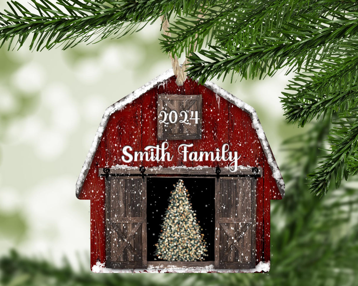 Personalized Christmas Ornaments 2024 Red Barn Farmhouse Wood Custom Farm Gift Stocking Stuffer Handmade by The Painted Pug (Red Barn Personalized) The Painted Pug