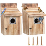 Dreyoo 2 Pack Cedar Bluebird Box Houses for Outside, 1-1/2” Entrance Hole Wooden Bird Houses with Metal Predator Guard, Secure Latch, Fledgling Grooves, Air Vents for Bluebird Wren Swallow Finch Dreyoo