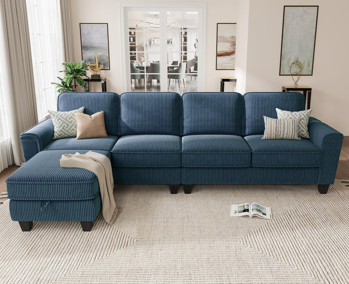KKL Sectional Sofa Couch for Living Room, 106 Inches L Shaped Couch with Storage, 5 Seater Corduroy Home Sofas, Modern Couches with Chaise for Apartment, Sofas para Sala, Blue KKL