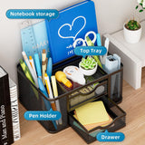 Marbrasse Mesh Desk Organizer, Pen Organizer with 2 Drawer, Multi-Functional Pencil Holder, Desk Organizers and Accessories with 5 Compartments + Drawer for Office Art Supplies (Black) Marbrasse