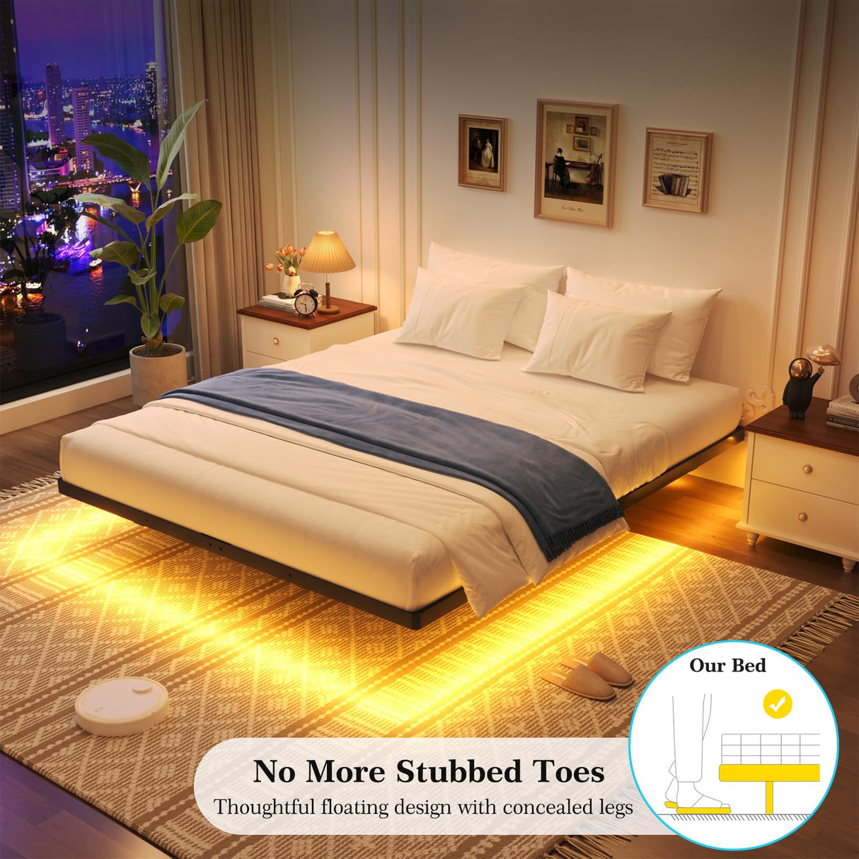 Awesofurni Floating Bed Frame King Size, King Bed Frame with Smart LED Lights, Heavy Duty Modern Metal Platform Bed No Box Spring Needed - Easy Assembly and Noise Free Awesofurni