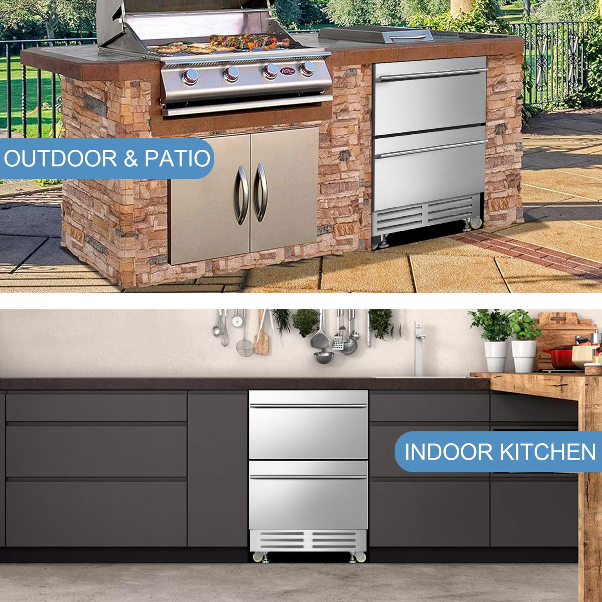 24 Inch Dual Drawer Fridge Under Counter, Stainless Steel Weather-Proof Design Outdoor Beverage Refrigerator for Patio, Freestanding or Built-In Installation, Ideal for Home and Commercial Use Velivi