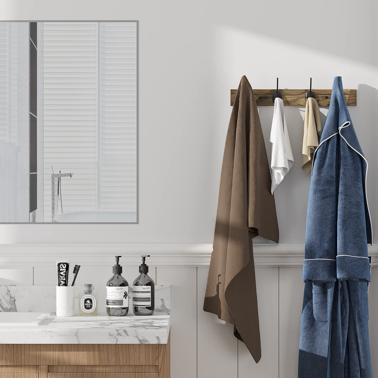 VERTORGAN Coat Hooks Wall Mounted, Wooden Hat Rack with 4 Hooks for Entryway, Bathroom,Bedroom(Brown) VERTORGAN