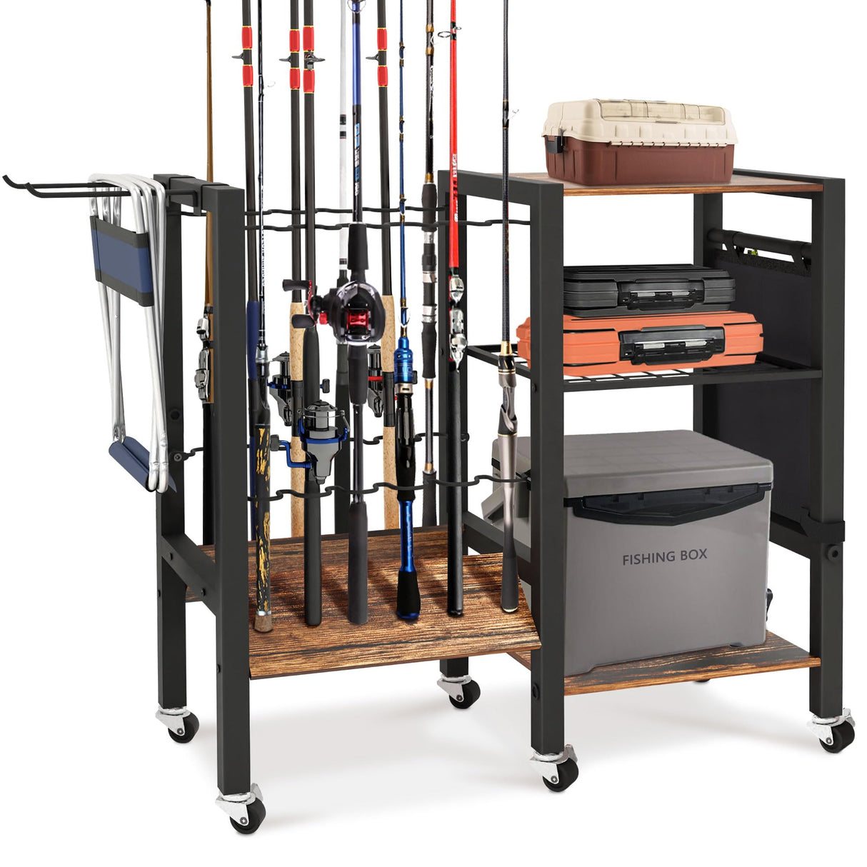 3-Tier Fishing Rod Holder, Garage Fishing Rod Rack, Fishing Rod Organizer for 12 Rods, Space Saving Fishing Pole Storage System for Garage Boat RV Basement, with Wheels Hooks and Storage Bag COLCUT