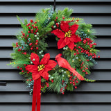 Pinkpuii Pre-Lit Christmas Wreaths for Front Door 24 Inch Christmas Wreath with Lights,Large Winter Wreath with Cardinal Birds,Poinsettia,Green Evergreen Pine Needles Red Berries Holiday Wreath Decor Pinkpuii