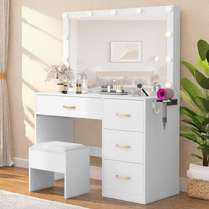 YITAHOME Makeup Vanity Table Set with Cushioned Stool, Large LED Mirror with 3 Color Lighting Modes, Power Outlets, and 4 Drawers