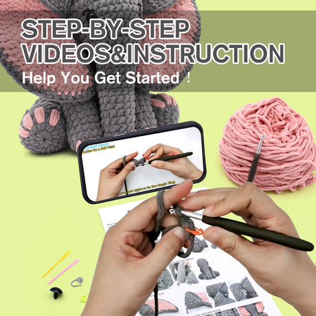 CODGP Crochet Kit,13in Crochet Animal Kit Elephant,Crochet Starter Kit Gift for Adults Kids with Yarn Sets,Amigurumi Crochet Kits with Step-by-Step Video Tutorials CODGP