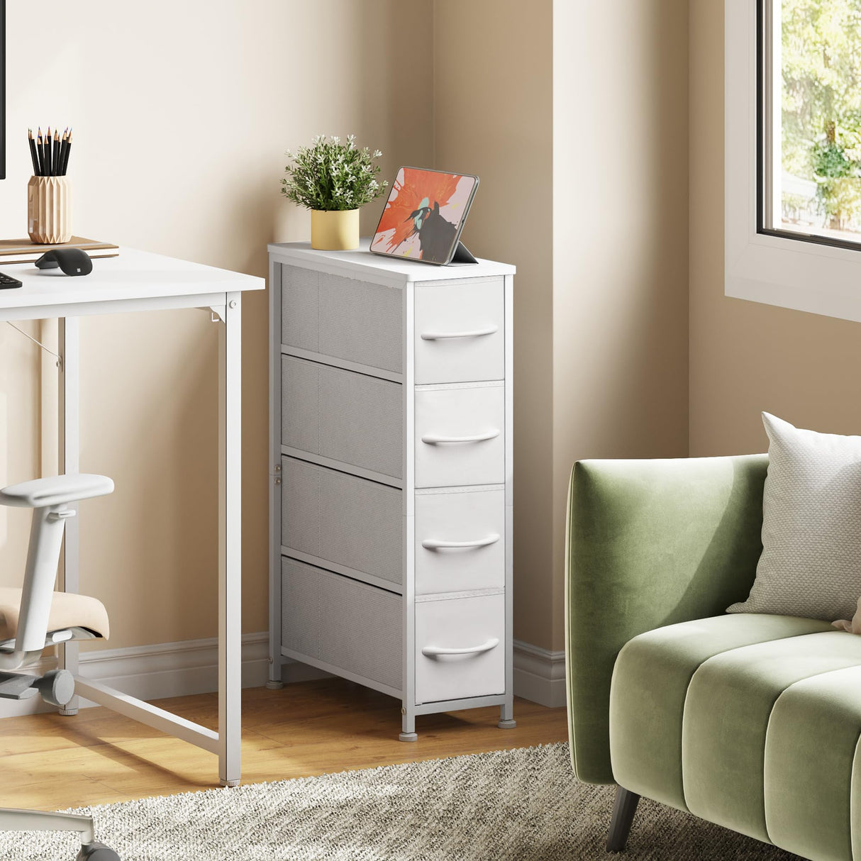 EKNKOZY Narrow Dresser Storage Tower with 4 Drawers, Slim Dresser Chest of Drawers with Steel Frame, Wood Top, Dresser for Bedroom, Bathroom, Small Spaces, Laundry, Closet (White) EKNKOZY