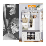 spanspace 71" Hall Tree with Bench and Shoe Storage, Entryway Hall Tree with 2 Doors and 6 Adjustable Shelves, Cushioned Mudroom Storage Bench with Coat Rack for Hallway and Living Room spanspace