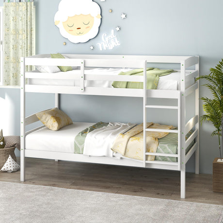 KOMFOTT Twin Over Twin Convertible Bunk Bed with Guardrail and Integrated Ladder - Space-Saving Solid Wood Design KOMFOTT