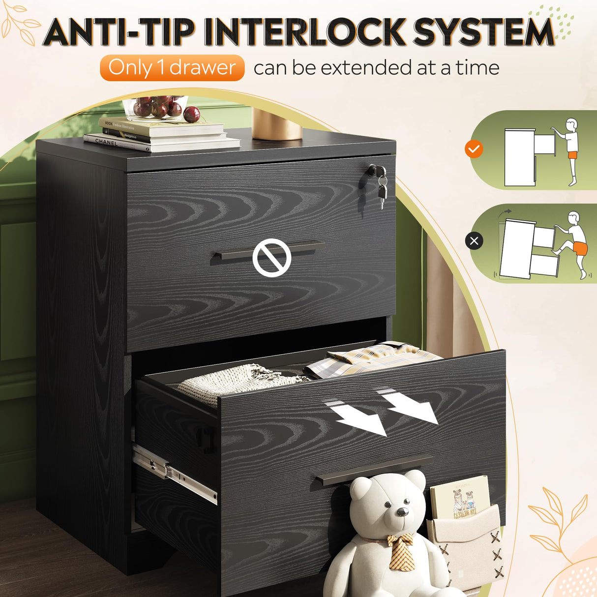 DEVAISE 2-Drawer Wood Lateral File Cabinet with Lock for Office Home, Black DEVAISE