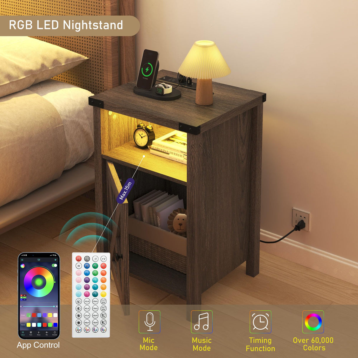 Hlivelood Farmhouse LED Nightstand Set of 2 with Charging Station, Rustic End Table with Barn Door & Storage Shelf, Bedside Table for Bedroom, Living Room, Grey Hlivelood