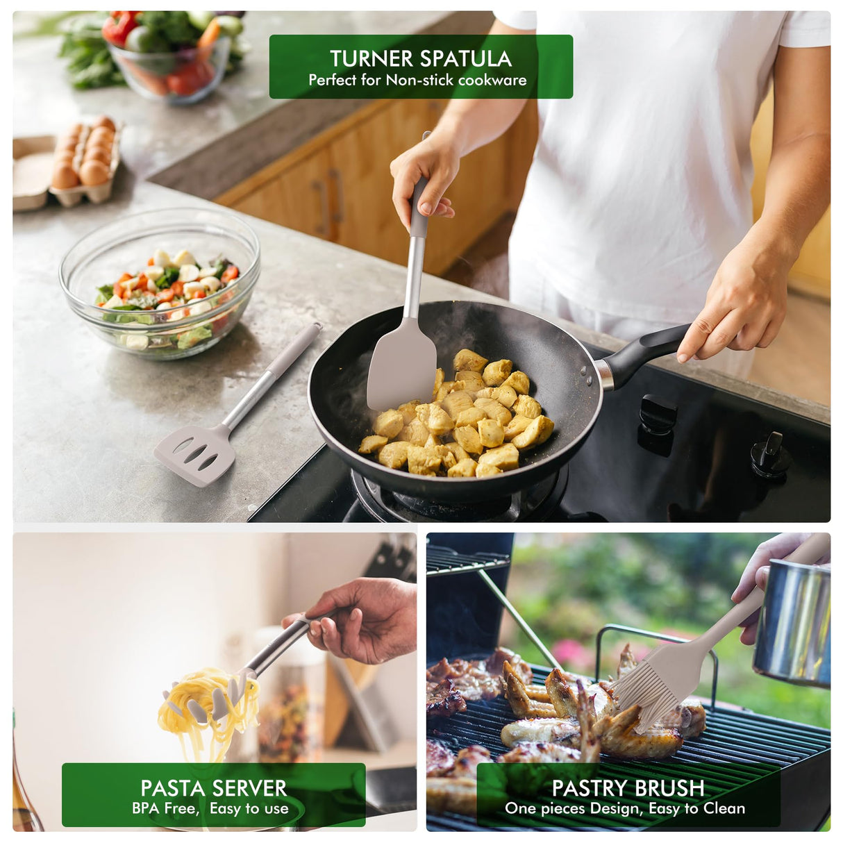 HOTEC Heat Resistant Silicone Kitchen Utensils, Cooking Utensil Set, Spatula Set, BPA Free, Kitchen Gadgets, With Stainless Steel Utensils Holder, Dishwasher Safe 14pcs Khaki HOTEC