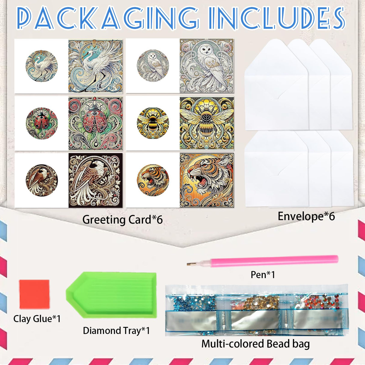 6 Pack Animal Diamond Art Greeting Cards with Envelopes, DIY 5D Diamond Painting Card Kit Featuring Phoenix Owl Bee Eagle Ladybug and Tiger, Handmade Rhinestone Craft Cards for Birthday and Holiday AiYuanzsh