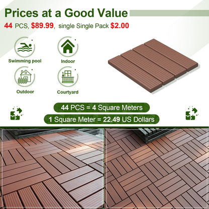 ZJT 44 Pack Plastic Interlocking Deck Tiles,44 sq.ft,12"x12"Indoor Outdoor Waterproof Patio Floor Decking Tiles All Weather Use for Balcony Backyard(Brown Texture)