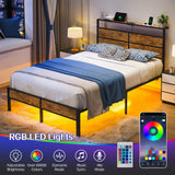 Full Metal Bed Frame with USB Charging Station, Headboard Storage, LED Lights, Noise-Free Design, No Box Spring Needed, Black Liians