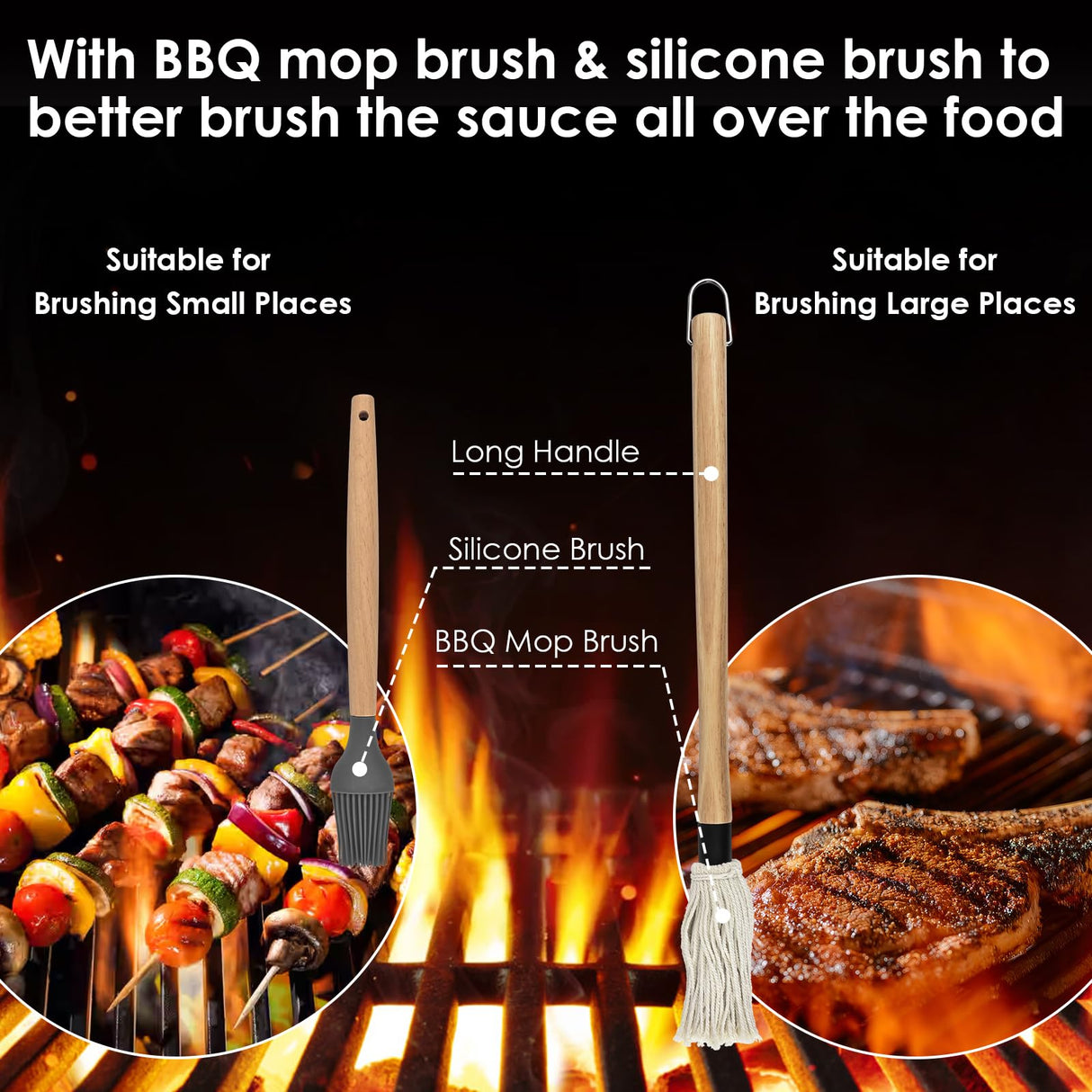 BBQ Mop Brush and Cast Iron Sauce Pot Set, 8Pcs Barbecue Accessories Include Basting Melting Pot, 2 Size Wooden Handle Sauce Mops with 4Pcs Replacements and Oil Brush for Meat Smoker, Grill, Stove PACETAP