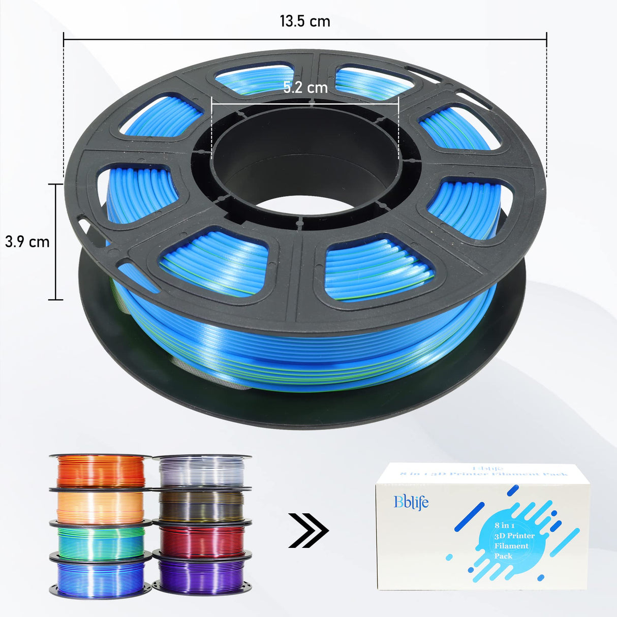 BBLIFE 8 Spools Dual Color Silk PLA 3D Printer Filament Bundle, Silk White/Black, Red/Black, Gold/Black, Purple/Black, Purple/Blue, Red/Gold, Green/Blue, Yellow/Pink, 1.75mm Bicolor Silk PLA 250gX8 Bblife