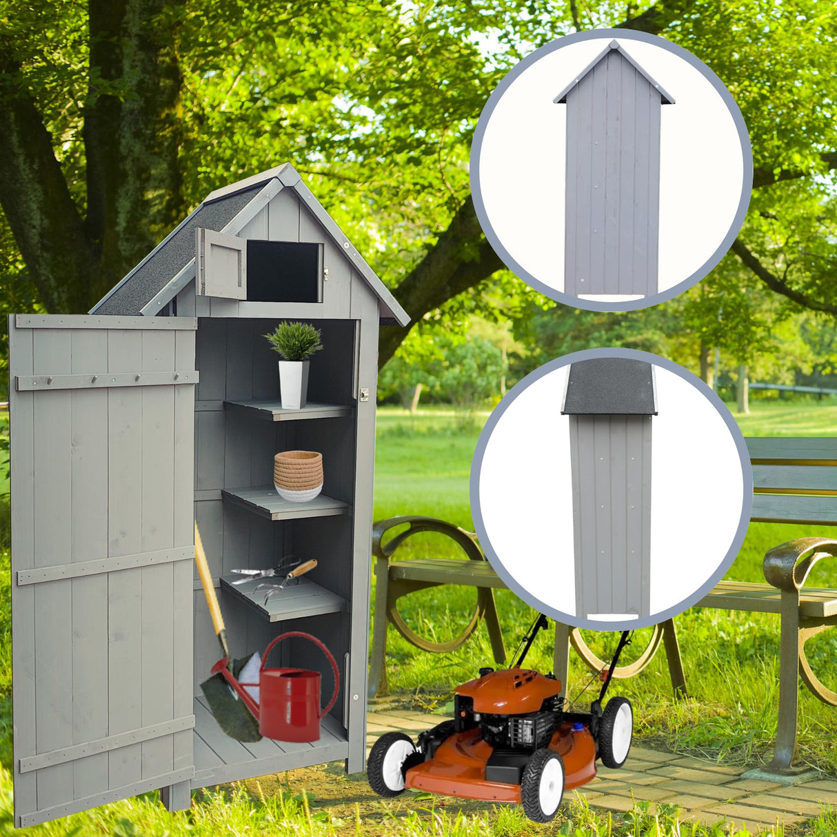 Outdoor Storage Cabinet, Garden Wood Tool Shed, Outside Wooden Shed Closet with Shelves and Latch for Yard, Patio, Deck and Porch,30.3”L X 21.3”W X 70.5”H (Grey) Anwick