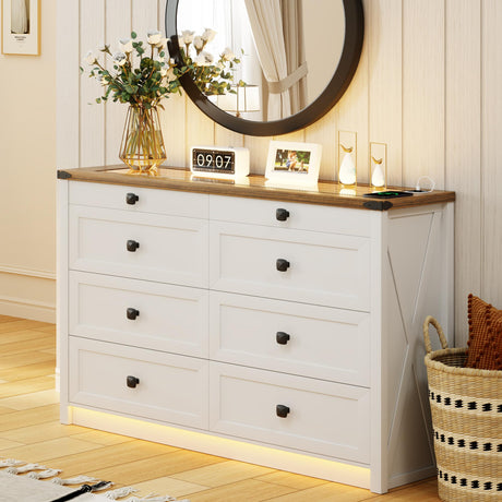 TAGELIER Farmhouse 8 Drawers Dresser for Bedroom, Tall Wood Chest of Drawers with LED Light/Charging Station/Human Sensor, Clothes Dressers for Closet, Living Room, Hallway, White TAGELIER