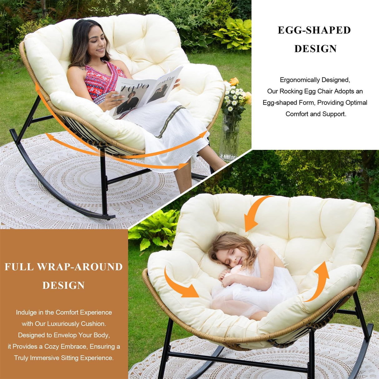 FINCATI Egg Rocking Chair with Ottoman Set of 2, Comfy Oversized Papasan Lounge Chairs with Padded Cushions, Double 2 Person Patio Rocker, Reading Glider for Indoor Outdoor Balcony Living Room, Beige FINCATI