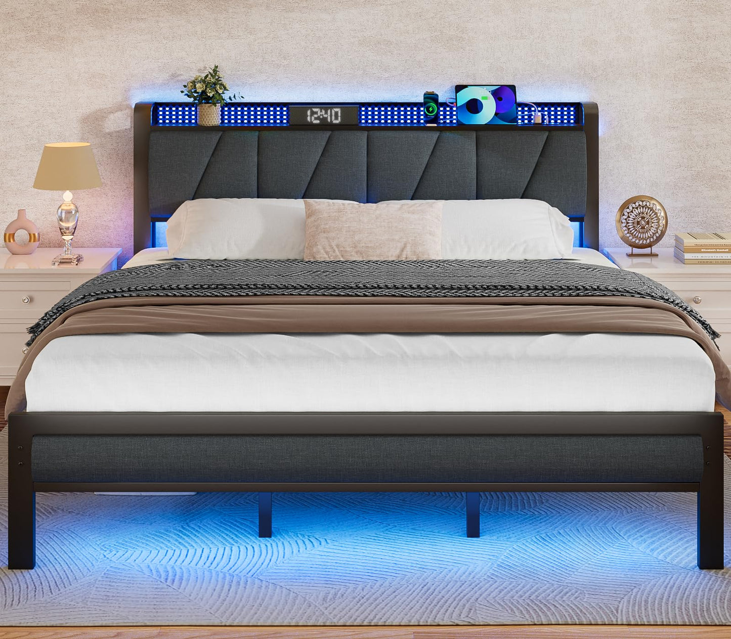 Furnulem Rustic Brown King Bed Frame with LED Light, Charging Station, and Under-Bed Storage - WoodArtSupply