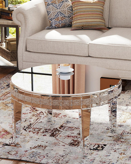 COSVALVE Silver Coffee Tables for Living Room Round with Luxury Mirror Surface, 31.5 Inches Mirrored Coffee Table with Legs & Crystal Inlay, Center Table Cocktail Table for Reception COSVALVE