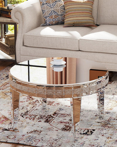 COSVALVE Silver Coffee Tables for Living Room Round with Luxury Mirror Surface, 31.5 Inches Mirrored Coffee Table with Legs & Crystal Inlay, Center Table Cocktail Table for Reception