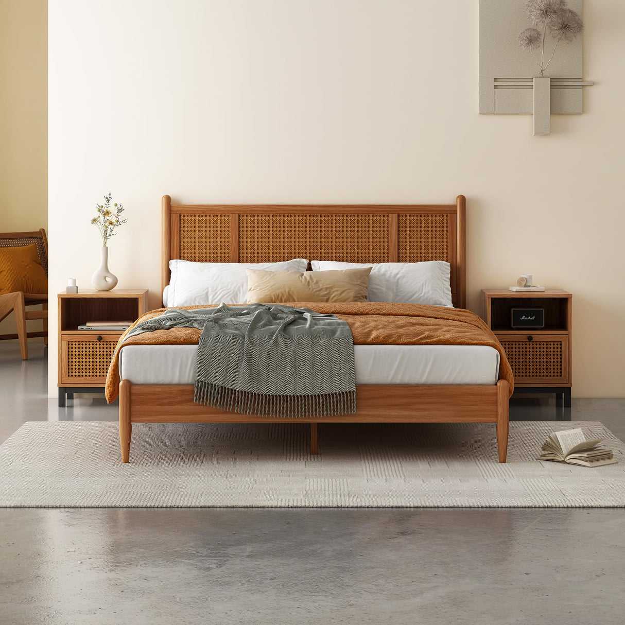 MUSEHOMEINC Wooden Full Size Bed Frame with Natural Rattan Headboard Bohemian Mid Century Modern Style Solid Wood Slat Support Full Platform Bed No Box Spring Needed - Easy Assembly (Full) MUSEHOMEINC