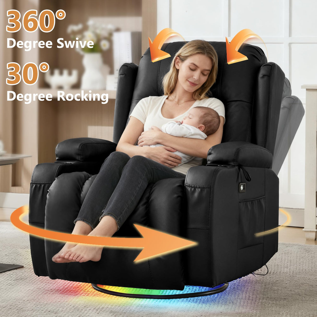 URRED Rocker Recliner Chair for Adults, 360° Swivel Glider Reclining Single Sofa with LED Ambient Light, Cup Holders and Side Pockets, Faux Leather Recliner for Living Room or Home Theater, Black URRED