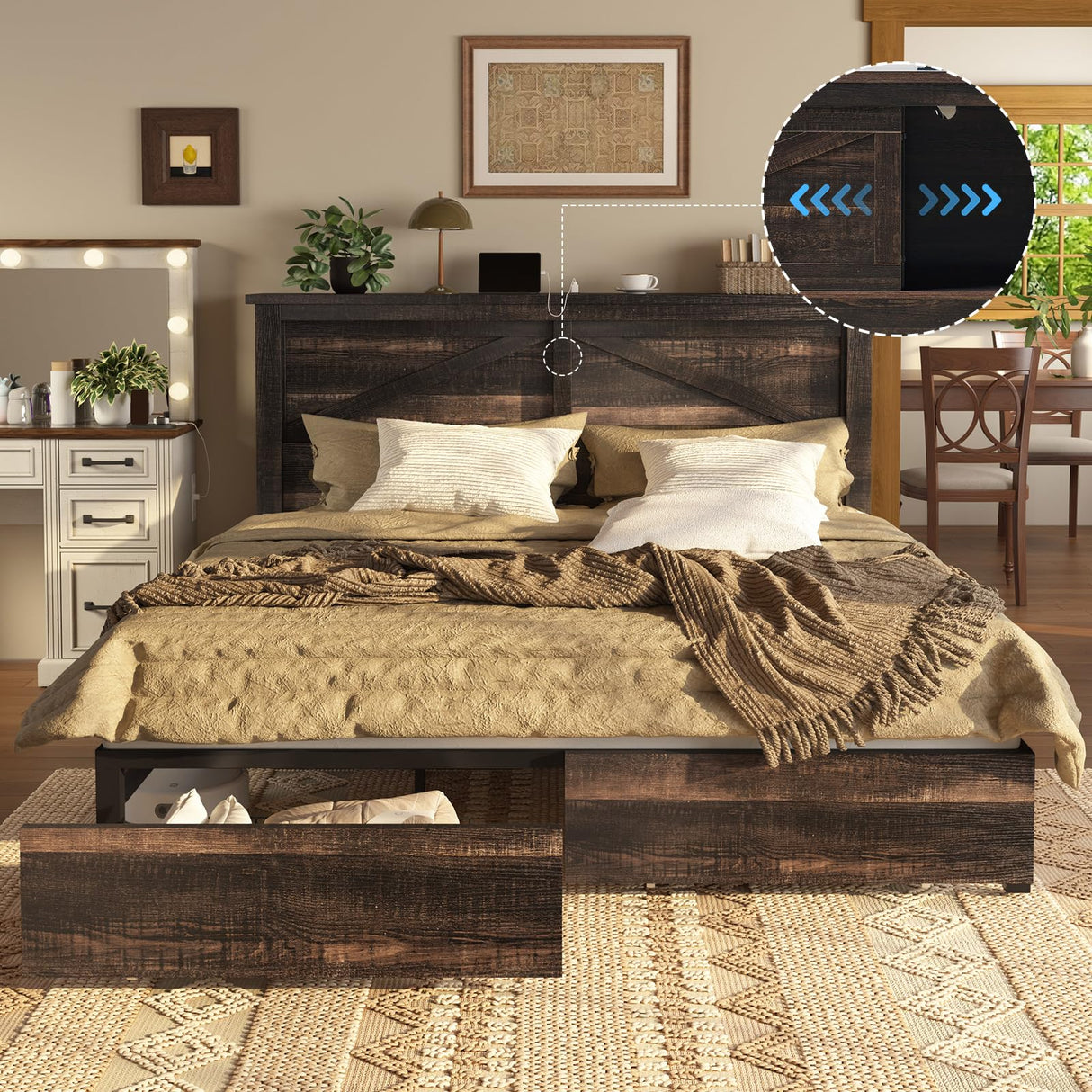 AMERLIFE 47.2" H King Bed Frame with Hidden Space Bookcase Headboard and Charging Station, Beds with 2 Storage Drawers and Wood Slats, No Box Spring Needed, Dark Oak AMERLIFE