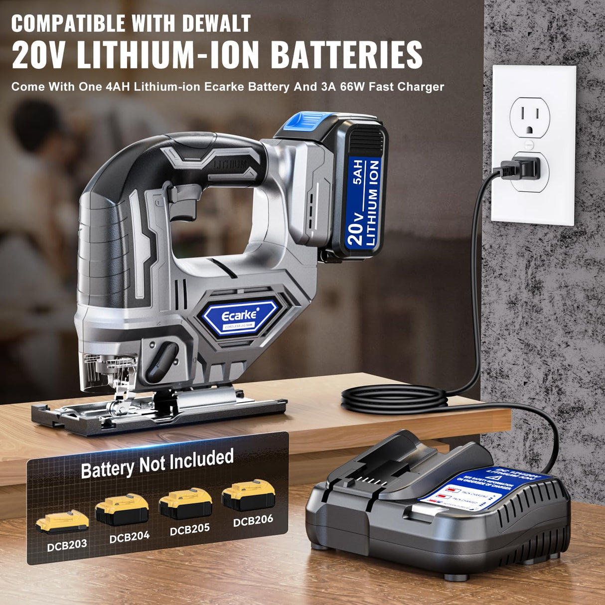 Cordless Jigsaw Tool Compatible with Dewalt 20V Battery, Variable Speed, LED Light, 0°-45° Bevel Cuts, 3-Position Orbital Action, Brushless Motor for Straight Curve Circle Cutting Ecarke