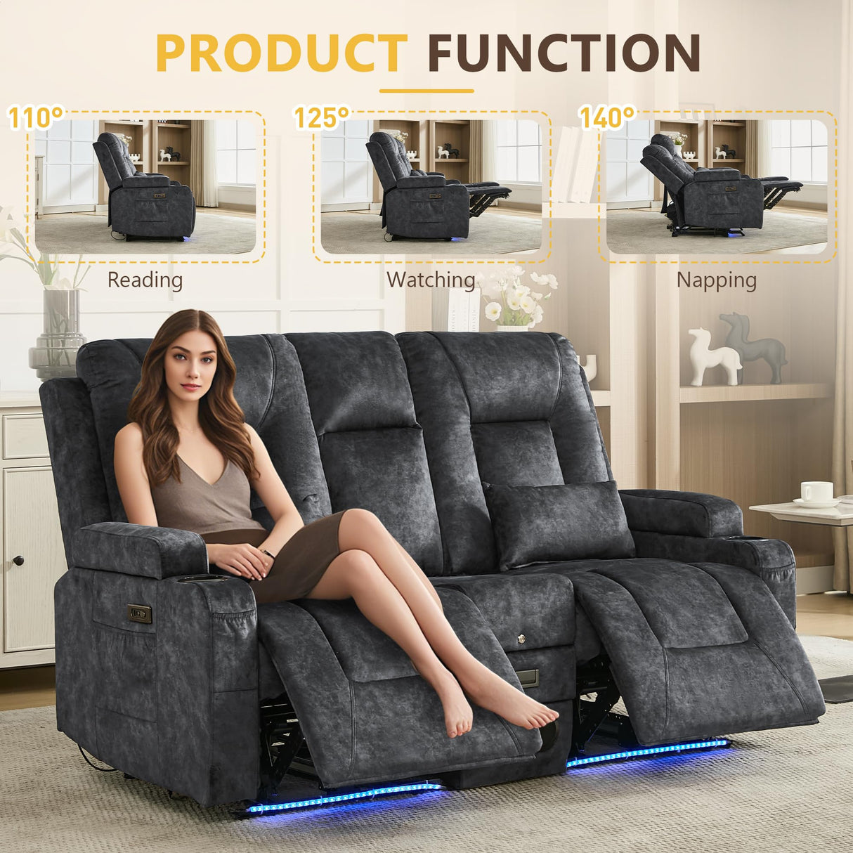 URRED Power Loveseat Recliner Sofa with Flipped Backrest Console, Wall Hugger RV Reclining Loveseat Sofa Couch with LED Light/Bluetooth Speakers/USB/Outlets/Cup Holders/Pillow/Side Pocket, Grey URRED