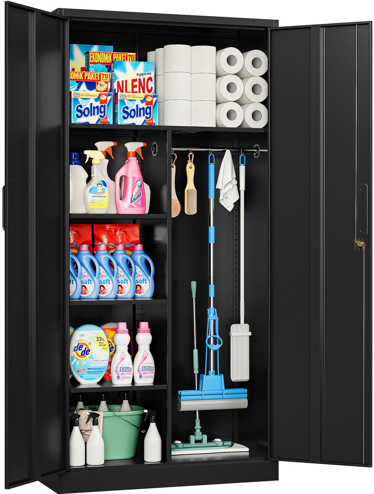 Wide & Deep Metal Storage Cabinet with Hanging Rod,Black Broom Closet Storage Cabinet with Lock,72" Tall Wardrobe Cabinets with Doors and Shelves,Locking Steel Tool Cabinets for Home,Office,Garage SISESOL