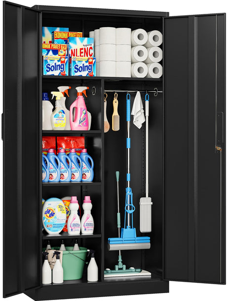 Wide & Deep Metal Storage Cabinet with Hanging Rod,Black Broom Closet Storage Cabinet with Lock,72" Tall Wardrobe Cabinets with Doors and Shelves,Locking Steel Tool Cabinets for Home,Office,Garage SISESOL
