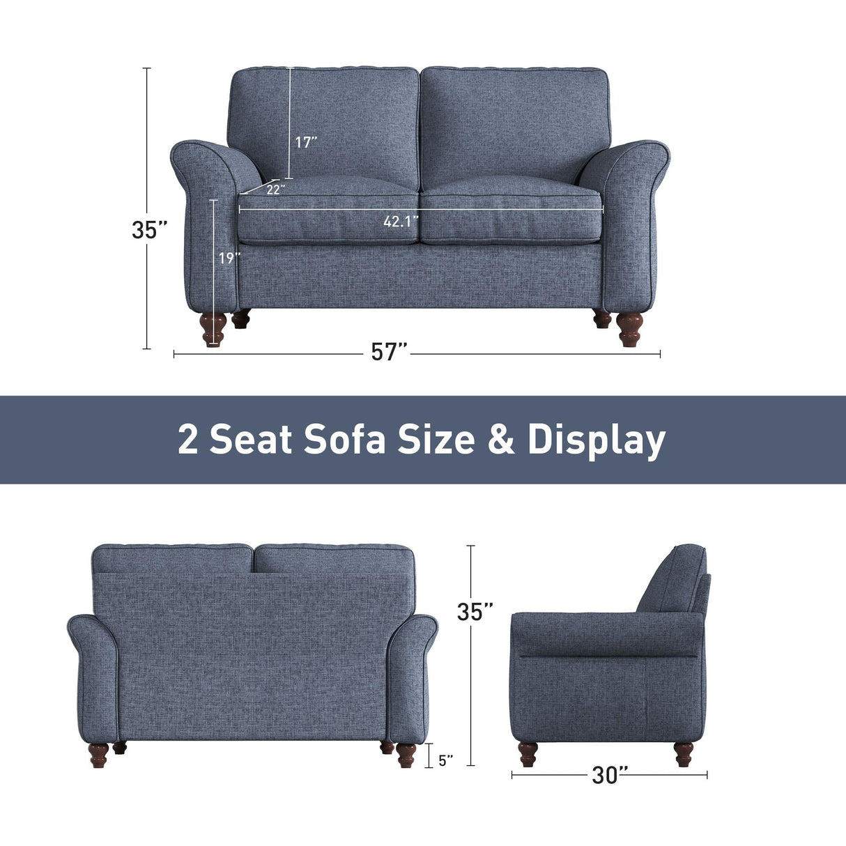 Bonzy Home 57" Loveseat Sofa, 2 Seater Comfy Love Seat Sofa for Living Room, Apartment, Office, Blue Bonzy Home