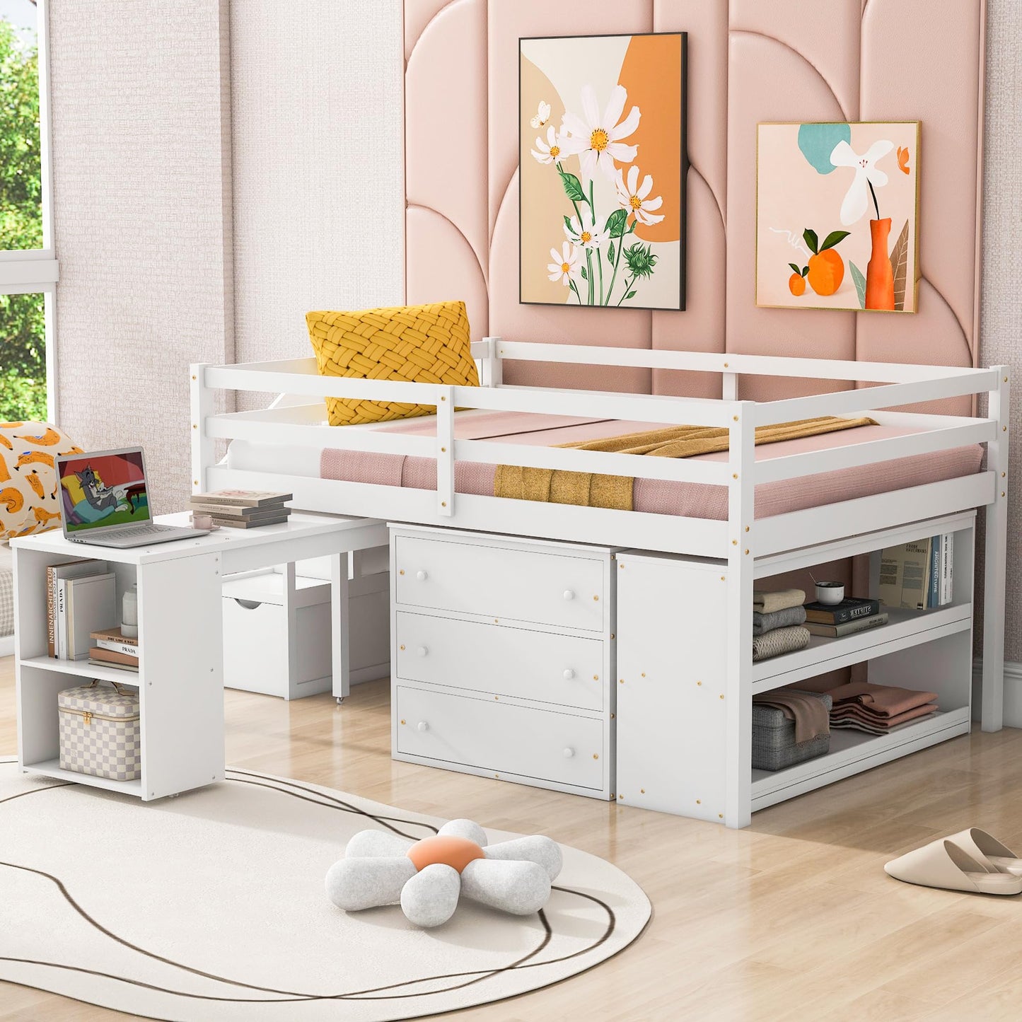 Full Size Low Loft Bed with Storage and Rolling Desk by Harper & Bright Designs - WoodArtSupply