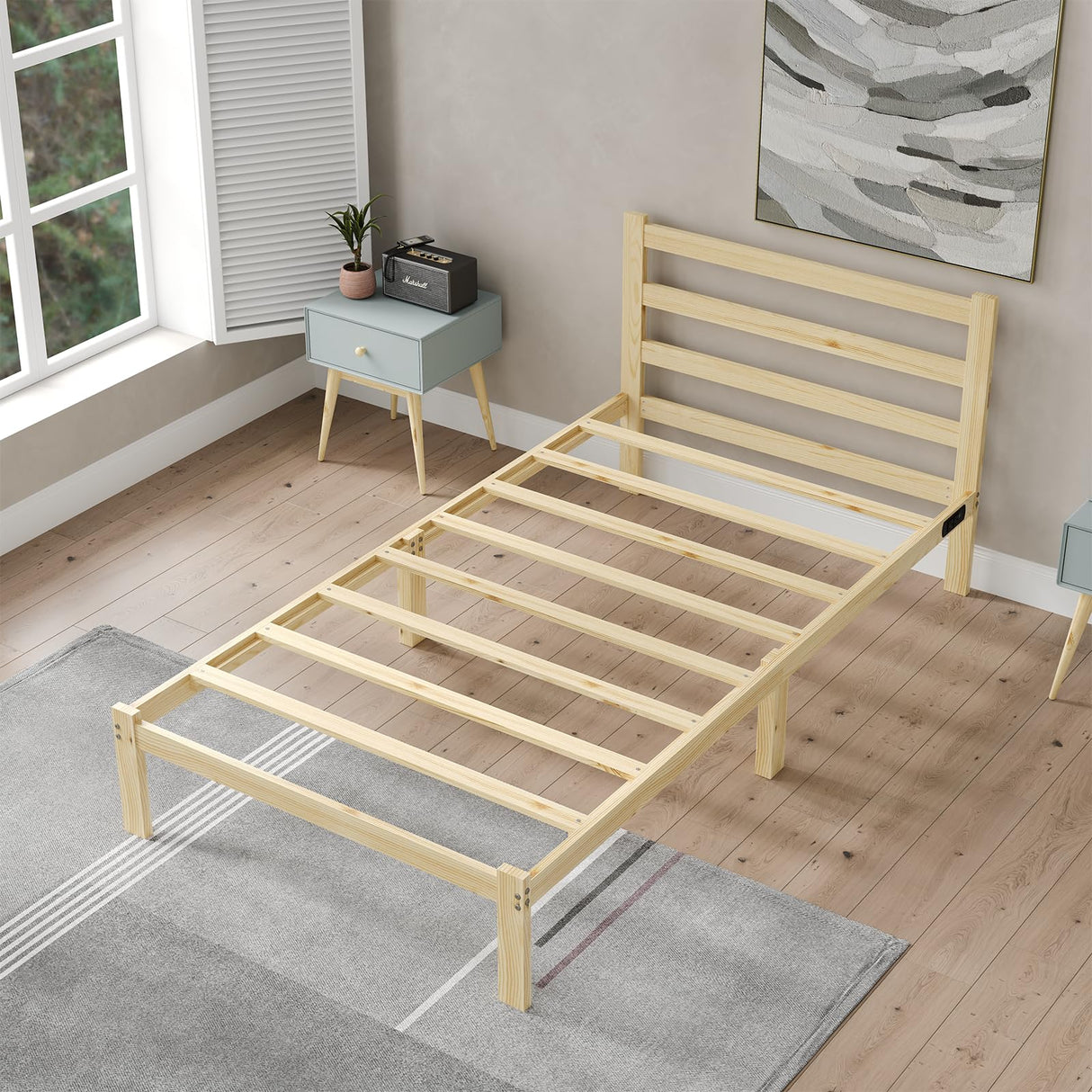 PUNICE Wooden Twin Size Bed Frame with Headboard, Wood Platform Bed Frame with Charging Station, Solid Wood Slat Support, 8.6 Inch Space Underneath, No Box Spring Needed, Easy Assembly PUNICE