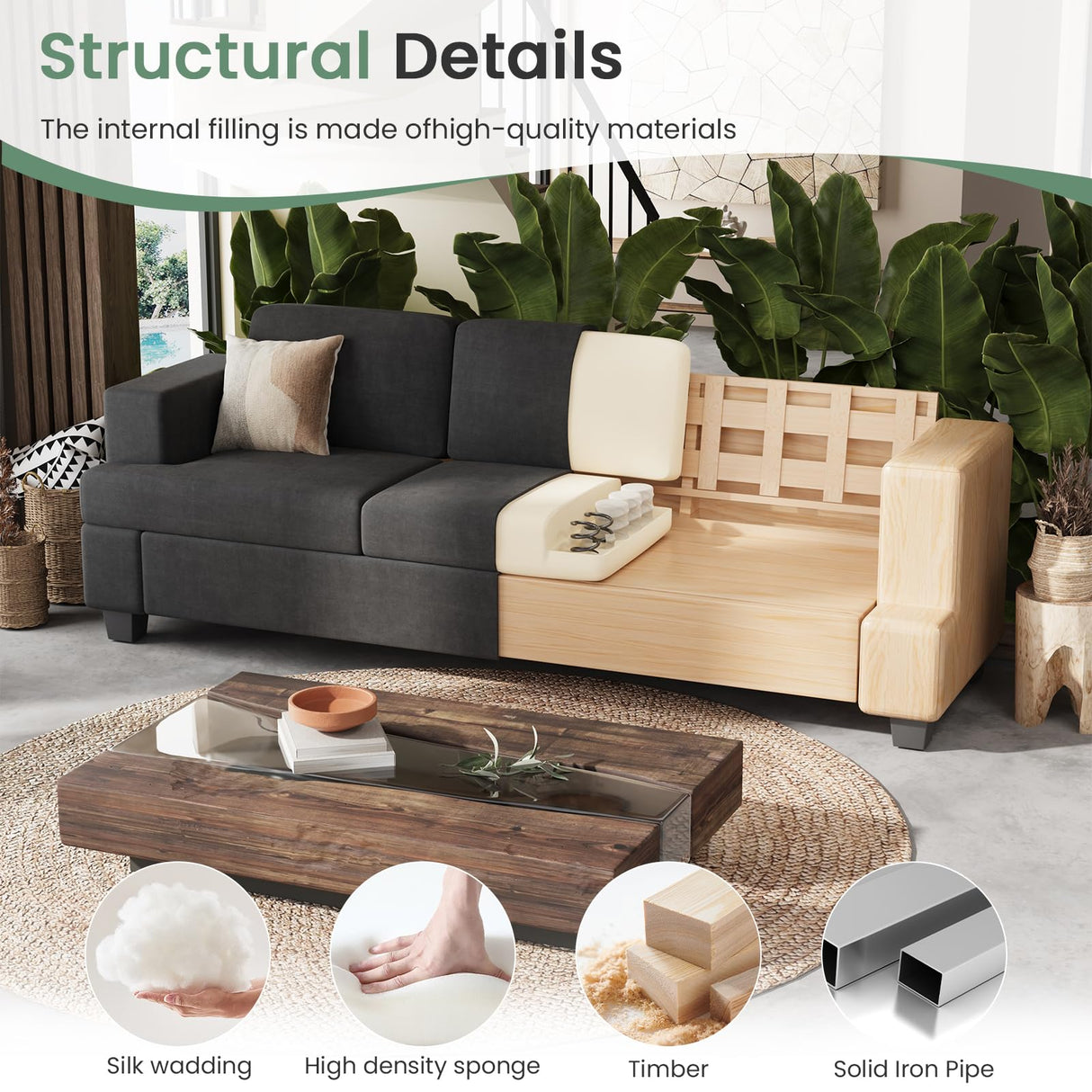 YOUDENOVA 2 Piece Set Comfy Sofa Couch, 3 Seater & Loveseat Sofa with Deep Seats, Modern Sleeper Couch for Living Room, Dark Grey Chenille YOUDENOVA