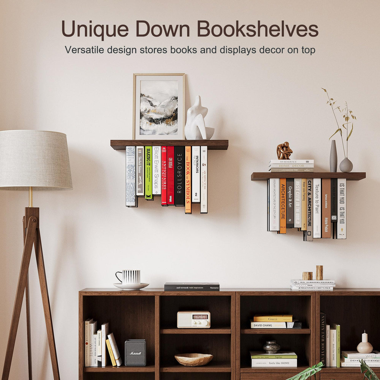 BUTUNITA Floating Bookshelves for Wall, Rustic Wood Hanging Wall Bookshelf, Upside Down Book Shelf and Wall Mounted Bookshelves for Home Decor in Bedroom, Living Room, Carbonized, 2 Pack BUTUNITA