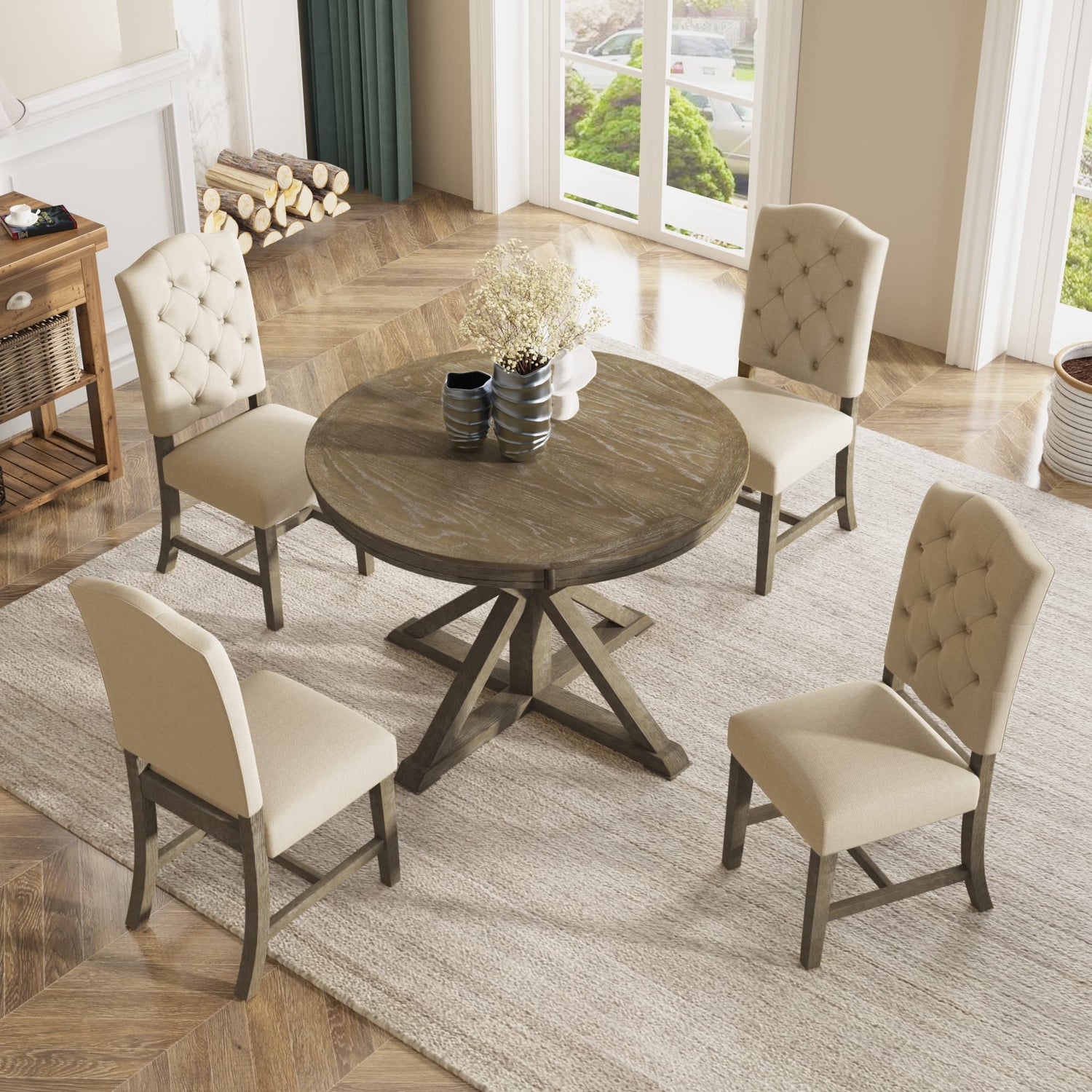 P PURLOVE Retro Style 5-Piece Round Dining Table Set for