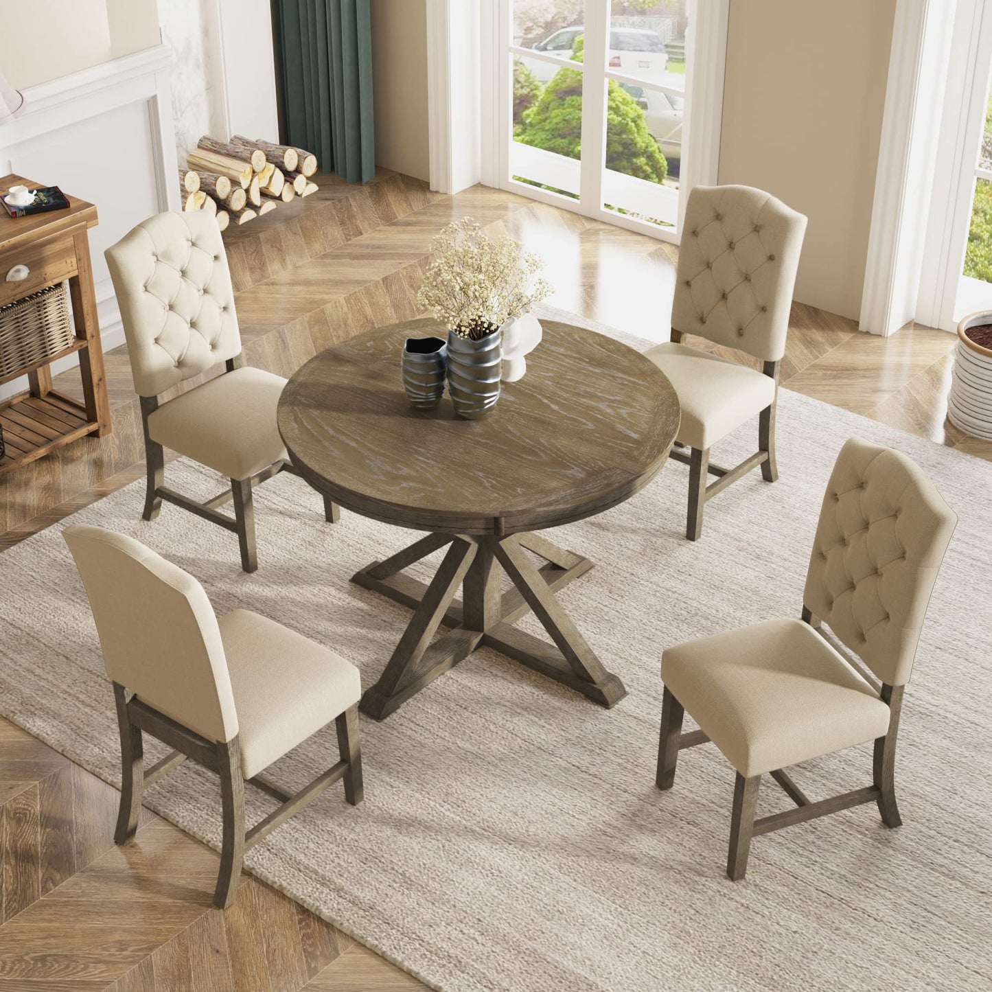P PURLOVE Retro Style 5-Piece Round Dining Table Set for 4, Extendable Table with 4 Upholstered Chairs for Dining Room,Living Room