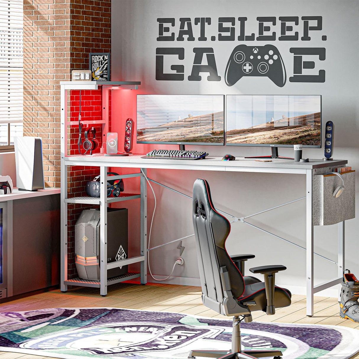 Bestier Gaming Desk with Power Outlets, 61 Inch Large Led Gamer Desk with 4 Tiers Reversible Shelves, PC Gaming Table with Headset Hook & Side Storage Bag for Bedroom (Grey 3D Carbon Fiber) Bestier