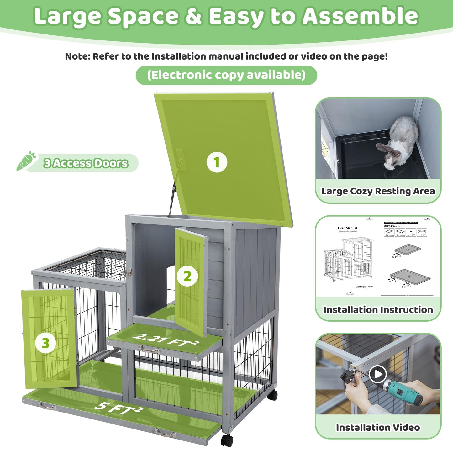 Rabbit Hutch Indoor Outdoor, 2-Level Large Wooden Rabbit Cage Bunny House Small Animal Enclosure Guinea Pig Hutch with Wheels, 2 Removable Trays, 3 Access Entrances, 39" L x 24" W x 37" H, Grey