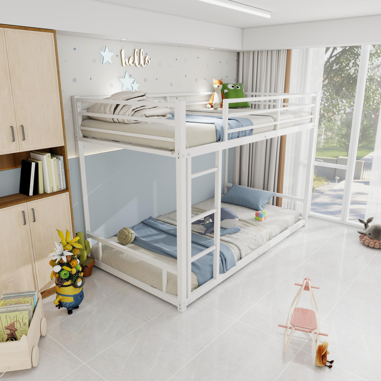 QSOSTNS Twin Over Twin Bunk Bed, Metal Low Profile Bunkbed with Side Ladder, Heavy-Duty Sturdy Metal, Noise Reduced, Safety Guardrail, No Box Spring Needed (White) QSOSTNS