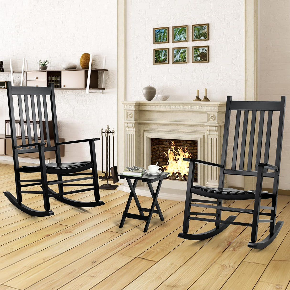 MAMIZO Outdoor Rocking Chair Set 3-Piece, Rocking Chair Patio Set of 2 with Side Table, with High Back,Indoors or Outdoor Wooden Rocking Chair, Easy to Assemble for Porch, Patio, Garden,Lawn, Balcony MAMIZO